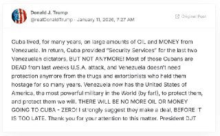 Трамп заявил, что Куба останется без денег от венесуэльской нефти и посоветовал ей сотрудничать с Вашингтоном, "пока не поздно".Об этом заявил Трамп в соцсети Truth. Он подчеркнул, что "больше никакой нефти или денег не пойдет на Кубу"."Куба много лет жила