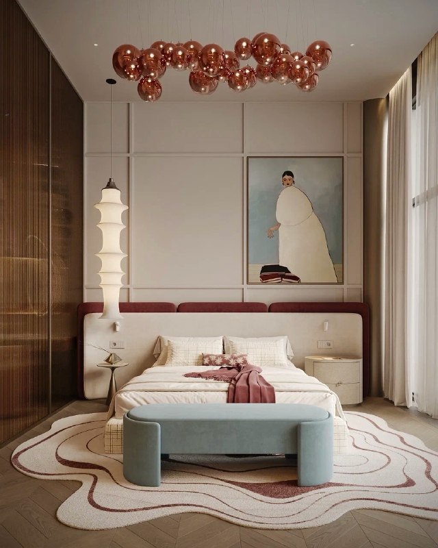 Светлый интерьер с кремовыми стенами и тёплым деревом для молодой девушки. Точечные элементы с красным узором добавляют настроения, а светлый текст... - изображение 1 - светлый, интерьер, кремовыми