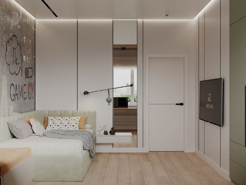 Две детские 14,9 и 14, 1 кв.м комнаты и кабинет 14,3 кв.м из проекта домвсочи 1 - лаконичная и уютная мягкий мятный диван кровать и тёплая деревянн... - изображение 4 - кабинет, планировка, telegram