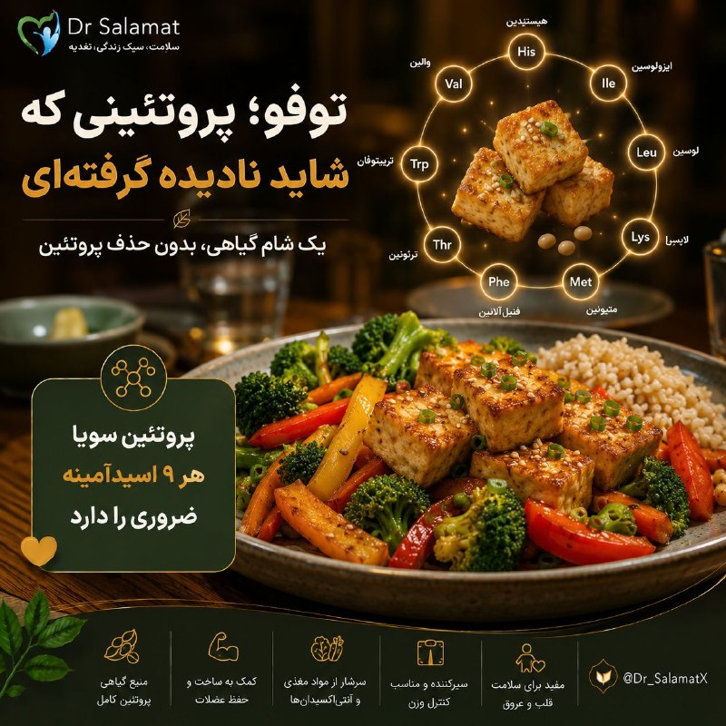 🍎 رسانه دکتر سلامت 🍏: ⛔️ توفو را قبل از اینکه امتحانش کنی، رد نکن!🥩 توفو از سویا تهیه می‌شود و می‌تواند یک منبع پروتئین گیاهی باکیفیت برای شام