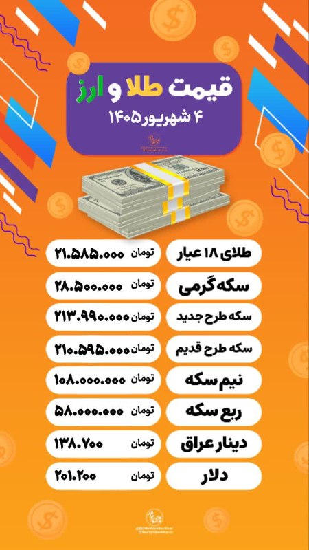 ندای برخوار: 💰 قیمت طلا و ارز امروز چهارشنبه ۴ شهریور ➖➖➖➖➖➖⚫️ #ندای_برخوار؛ بروزترین و پرمخاطبترین پایگاه خبری شهرستان برخوار 👇🆔 @n