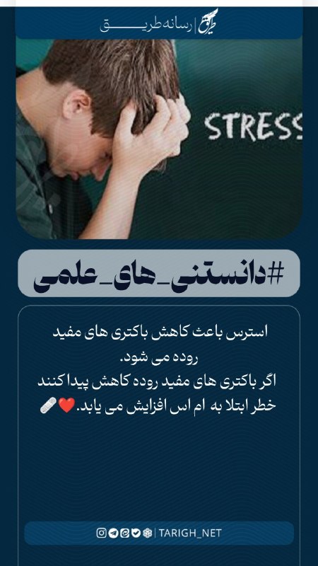 Tarigh | طریق: استرس باعث کاهش باکتری های مفید روده می شود. اگر باکتری های مفید روده کاهش پیدا کنند خطر ابتلا به ام اس افزایش می یابد.❤