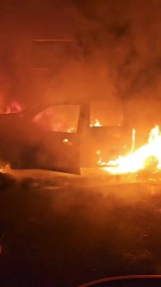A vehicle caught fire following an attack by settlers in the village of Deir Abu Mashal, northwest of Ramallah.