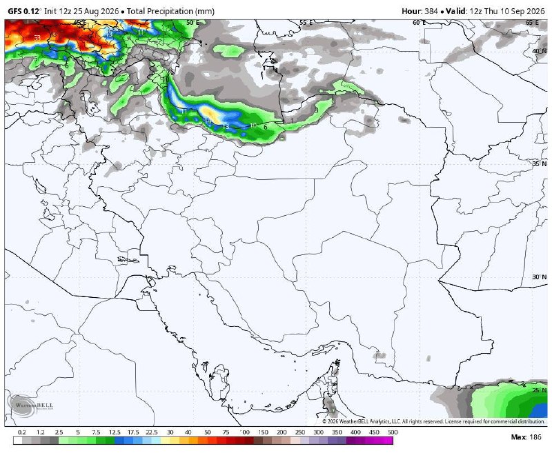 هواشناسی مشهد(Mr.Mdt): 🌧️آپدیت جدید مدل GFS; مجموع احتمالی بارندگی طی ۱۶ روز آینده🌈راهنمای رنگ ها پایین نقشه به میلیمتر @MashhadWeather