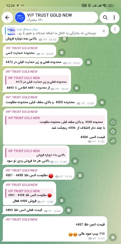 خبر آنی: با تراست گلد همیشه یک قدم جلوتر از بازار باش 😉😉🔥🔥🔥عملکرد بی نظیر محدوده و نقطه مقاومتی اعلام شده 4498 که تا به این لحظه