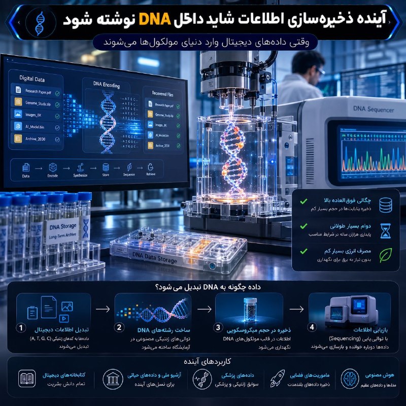 زیر آبی | ترفند و تکنولوژی: 🤩 آینده ذخیرهسازی اطلاعات شاید داخل DNA نوشته شود🔍 DNA فقط حامل اطلاعات زیستی نیست؛ ساختار شیمیایی آن از نظر نظری میتو