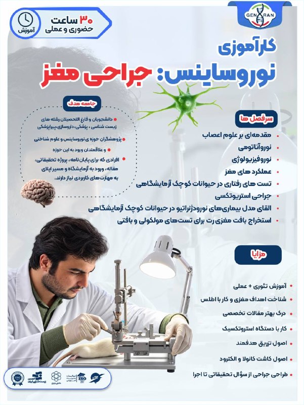 GenIran: 🔴دوره کارآموزی نوروساینس:جراحی مغز✅القای بیماری های عصبی و رفتاری در حیوان مدل✅کار با دستگاه استریوتکس✅انجام تمام جراحی 
