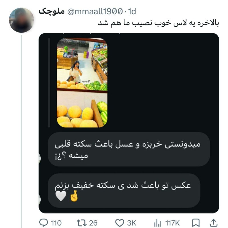 ادیـب فرهیـختـه: امیدوارم کراشم به زودی یه عکس با خربزه بذاره استوری..😂@adib_farhikhteh
