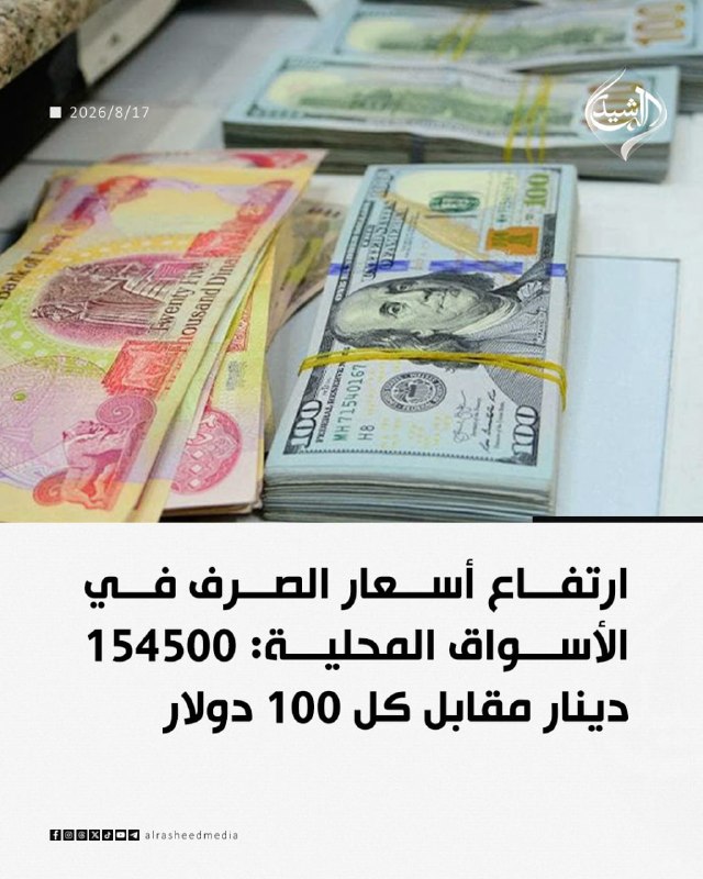 مطالعات عراق: ♦️افزایش نرخ ارز در بازارهای داخلی عراق: ۱۵۴۵۰۰ دینار به ازای هر ۱۰۰ دلار.#خبرانتشار با #ذکر_منبع#مطالعات_عراق @iraqstud