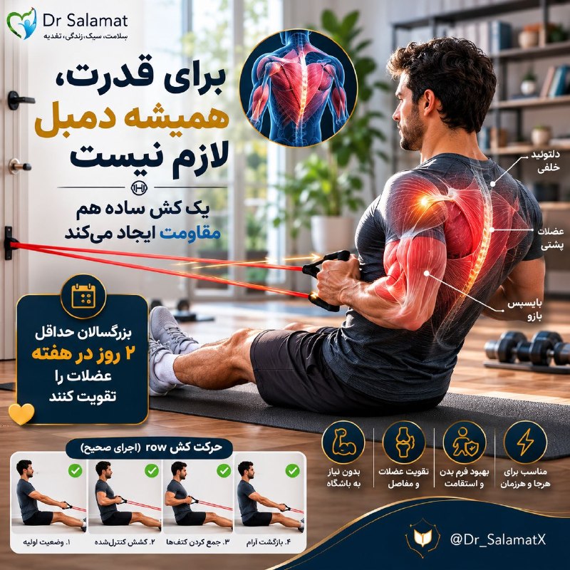 بهداشت: ⚡ یک کش ساده میتواند تمرین قدرتی باشد🟣 تمرین قدرتی الزاماً به دستگاههای بزرگ باشگاه نیاز ندارد. کشهای مقاومتی یکی از