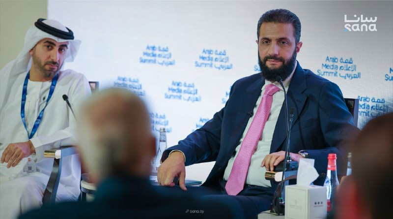President Ahmed Al-Sharaa met with a number of chief editors in the Arab media, at a dialogue meeting on the sidelines of the Arab Media Summit in Dubai in 2026, in the presence of the Minister of Foreign Affairs and Expatriates, Asad Hassan Al-Shaibani.
