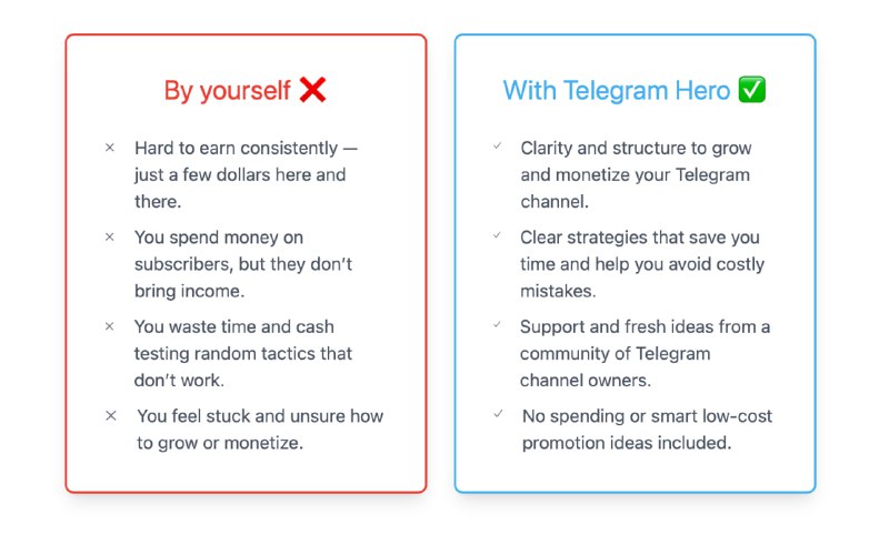 ⬜️ Struggling to grow and monetize your Telegram Channel?Most Telegram channels never take off. The top 0.1%? They use strategy — not luck.Telegram Hero gives you:1. Proven monetization methods so you can earn real money, not just a few dollars.2. Proven free and paid promotion methods so you can grow without wasting money or time — and scale faster.3. The best content formats for Telegram to create posts people love⭐ and boost engagement.4. Direct access to me — ask any question and get feedback on your channel or Telegram ads.5. Fresh insights on promotion and monetization from the creator of Telegram Hero — strategies not shared anywhere else.6. Chat with Telegram creators to swap tips, share wins, and learn how to grow and run ads that convert.