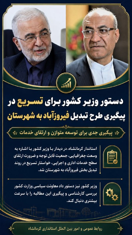 اخبار استانداری كرمانشاه: 🔺 دستور وزیر کشور برای تسریع در پیگیری طرح تبدیل فیروزآباد به شهرستانروابط عمومی استانداری کرمانشاه 📆 سه شنبه / ۲۰ مرداد