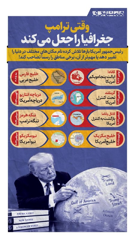 همشهری: 📊از خلیج مکزیک تا تنگه هرمز؛ ترامپ سراغ جغرافیا رفته و می‌خواهد نام‌ها را به سلیقه خودش تغییر دهد@hamshahri_info