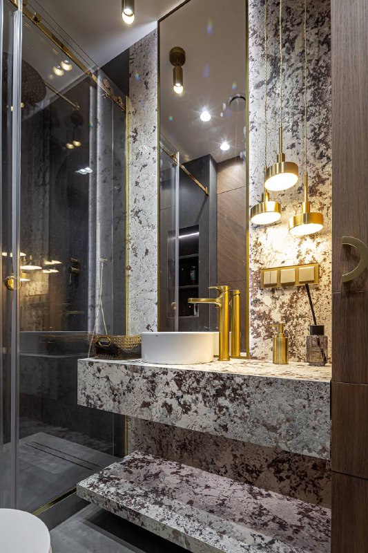 Реализованный дизайн интерьера ванной. Современный стиль, жк Wellton Towers 112 м2. Роскошь в каждой детали Как тёмная палитра и благородные матери... - изображение 3 - wellton, towers, комфорта