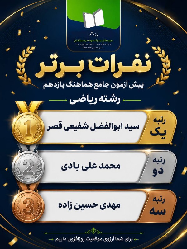 دبيرستان پسرانه مفتاح دوره دوم: 💯 نفرات برتر آزمون جامع شماره ۱ ✔️ پنجشنبه ۲۹ مرداد ⭕️ پایه یازدهم و دوازدهم🔗 پیش ثبت نام، اینستاگرام ، تلگرام 🔗✅دبیرستا
