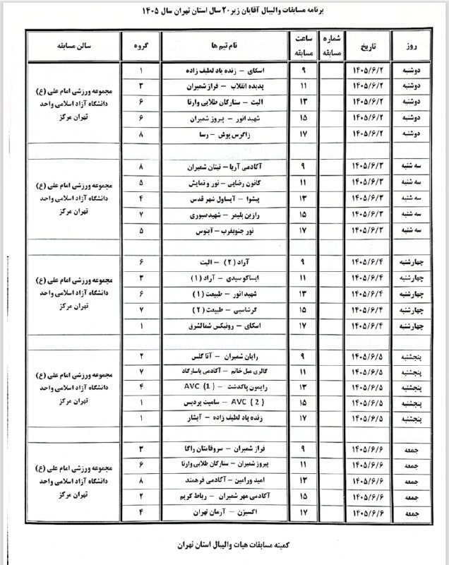 هیات والیبال استان تهران: 🔴برنامه مسابقات زیر ۲۰ سال پسران استان تهران🔴 توجهقابل توجه مربیان و سرپرستان پسران زیر۲۰سال با احترام باطلاع می رساند م