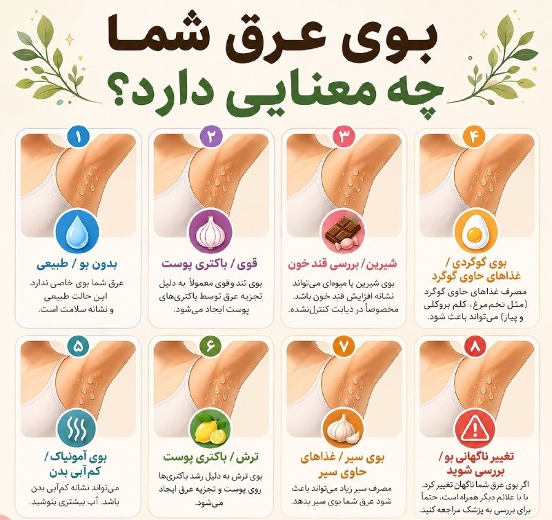 دنیای دارو: ‌بوی عرق شما چه معنایی دارد؟ 👃🏻💧بوی عرق همیشه فقط به «عرق کردن» مربوط نیست!نوع بوی بدن می‌تواند تحت تأثیر باکتری‌های پوس