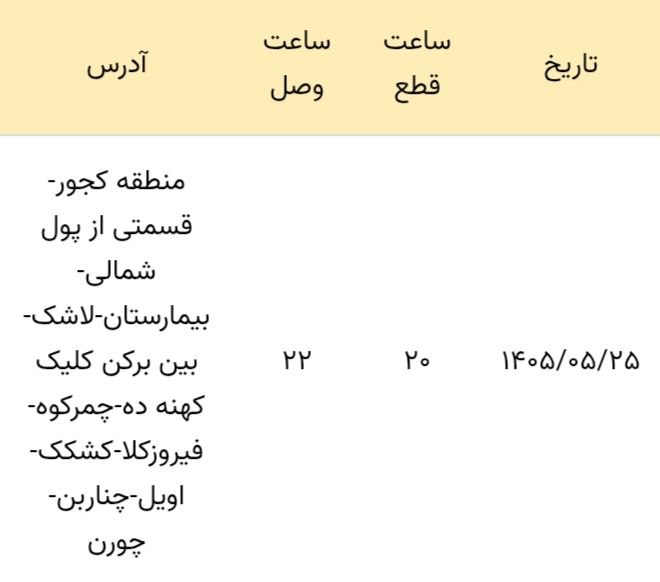 🇮🇷 شهروند کـــجــور 🇮🇷: برنامه خاموشی (احتمالی) برق منطقه کجوریکشنبه ۱۴۰۵/۰۵/۲۵🆑 @kojour_shahrvand