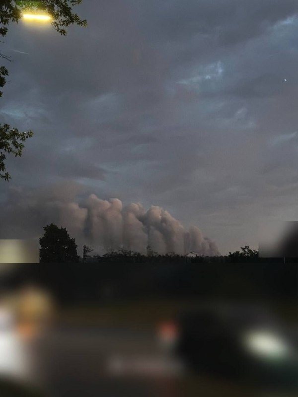 A drone reportedly struck warehouse facilities near Kyiv, sending a huge column of smoke into the sky.