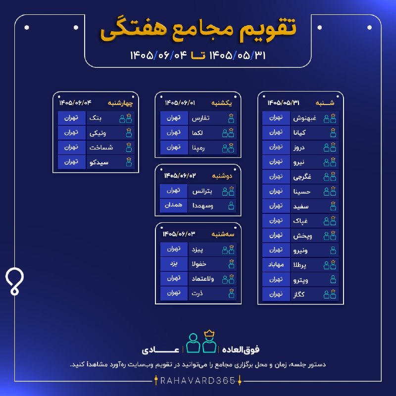 ره‌آورد | Rahavard: ✅ مجامع هفته آتی 🗓 ۳۱ مرداد الی ۰۴ شهریور ۱۴۰۵#مجامع✉️@rahavard365