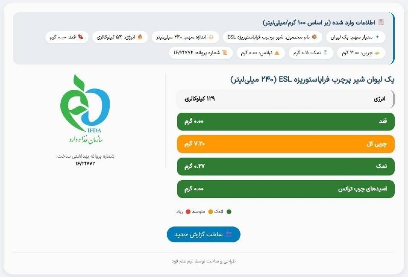 علم فود: 🟢خدمتی نوآورانه از علم فود✅سیستم محاسبه جدول نشانگر رنگی به صورت رایگان✅کاملا هوشمند و طبق آخرین دستورالعمل های اجرایی ض