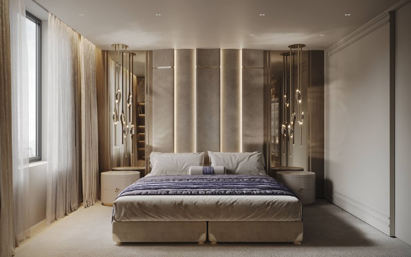 5 трендовых интерьерных решений в спальне нашего проекта в ЖК Событие 3 1. Мягкое изголовье с подсветкой Изголовье выполнено в форме мягких волн ре... - изображение 4 - решений, спальне, изголовье