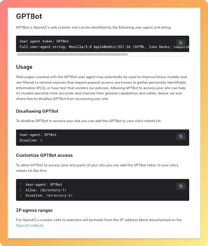 RT Shubham SabooBreaking 🚨OpenAI just launched GPTBot, a web crawler designed to automatically scrape data from the entire internet.This data will be used to train future AI models like GPT-4 and GPT-5!GPTBot ensures that sources violating privacy and those behind paywalls are excluded.