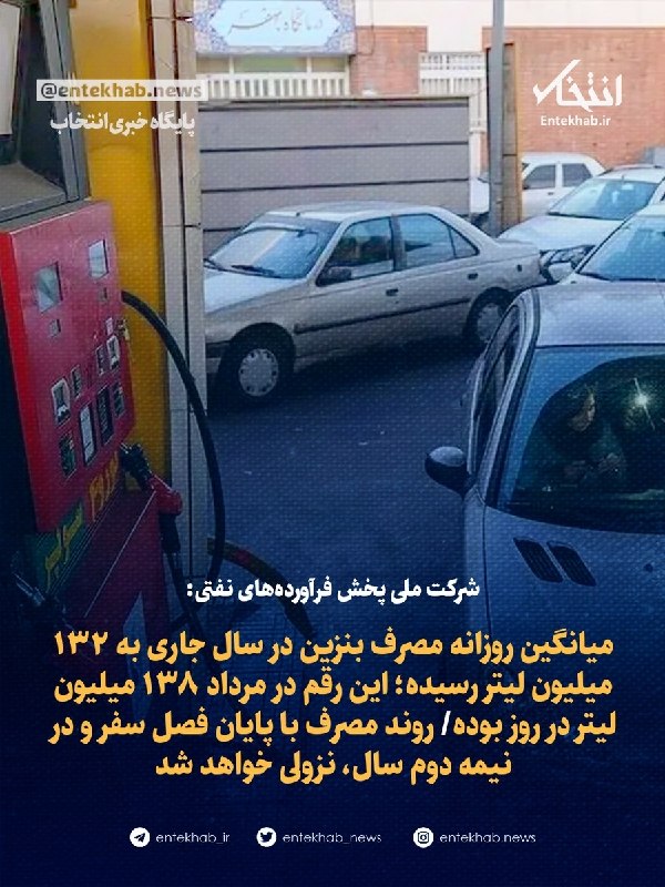 پایگاه خبری انتخاب ✔: ♦️ شرکت ملی پخش فرآوردههای نفتی:🔹 میانگین روزانه مصرف بنزین در سال جاری به ۱۳۲ میلیون لیتر رسیده؛ این رقم در مرداد ۱۳۸