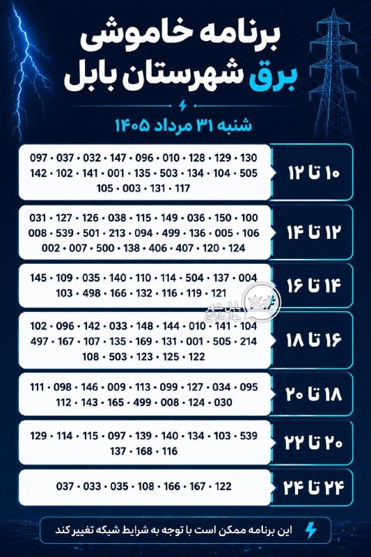 بابل روز: ⚡️ لیست زمانبندی خاموشیهای شبکه برق شهرستان بابل روز شنبه ۳۱ مرداد ۱۴۰۵🆔 @babolrooz