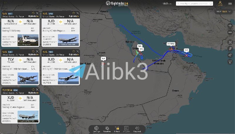 An E-3B took off from the Prince Sultan base, and four refueling planes took off near the Strait of Hormuz.