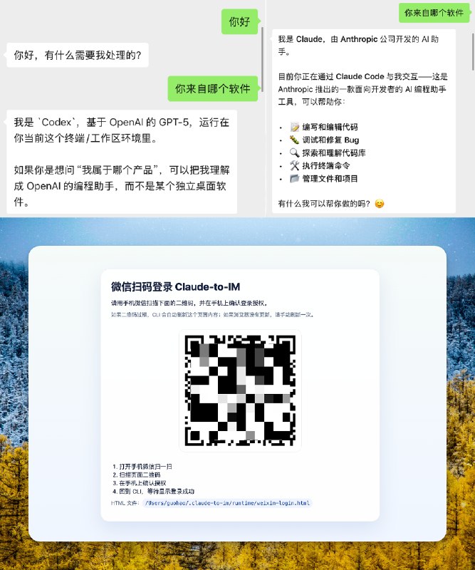 Claude Code 和 CodeX 远程连接到飞书 IM 的插件 Claude-to-IM-Skills 更新了！将你的 Claude Code 和 CodeX 远程连接到微信！而且配置方式极其简单：它会自动打开一个网页，你扫码就行