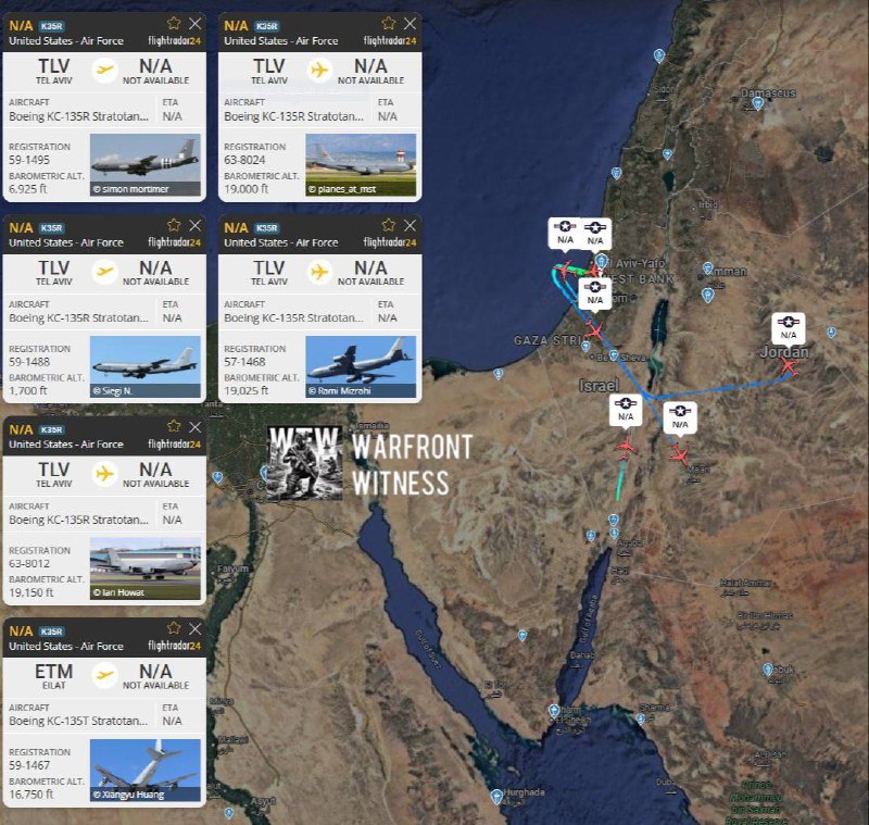 ️🇺🇸🇮🇱 שישה מטוסי תדלוק אווירי KC-135R/T Stratotanker של חיל האוויר האמריקאי פועלים כעת מעל ישראל וירדן.