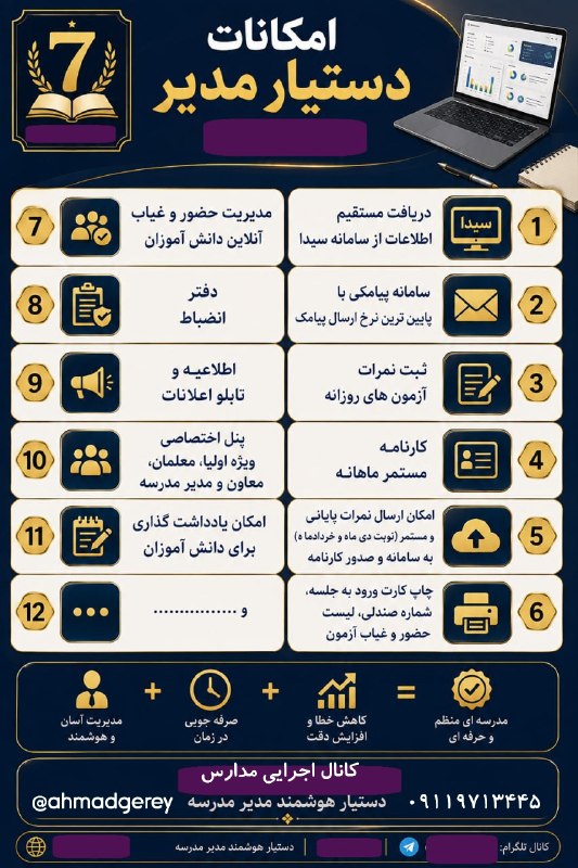 سامانه سیدا: 📌 امکانات دستیار مدیر مدرسه◀️ دریافت مستقیم اطلاعات از سامانه سیدا◀️ سامانه پیامکی با پایین ترین نرخ ارسال پیامک◀️ ثبت ن