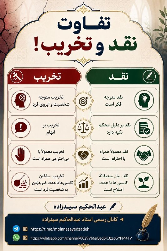 آفتاب (مشهدریزه): ⭐ تفاوت نقد و تخریب!💫 نقد متوجه فکر است؛ تخریب متوجه شخصیت و آبروی فرد.💫 نقد بر دلیل محکم تکیه دارد؛ تخریب بر اتهام.💫 نق