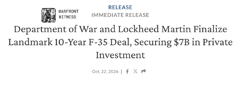 ️🇺🇸 The US Department of War and Lockheed Martin have concluded a 10-year framework agreement to strengthen the F-35 Lightning II fleet, subject to congressional approval and appropriations.