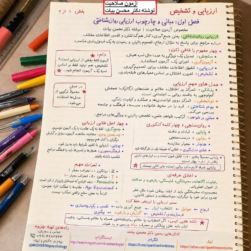 مقاله، پایان نامه، رساله، کتاب، استخدامی.مشاوره کنکوری: آزمون صلاحیت حرفهای روانشناسان📘 درس: ارزیابی و تشخیص📖 فصل اول | بخش اول✍️ تألیف و تدوین: دکتر محسن بیات━━━━━━━━━━━━━━✦