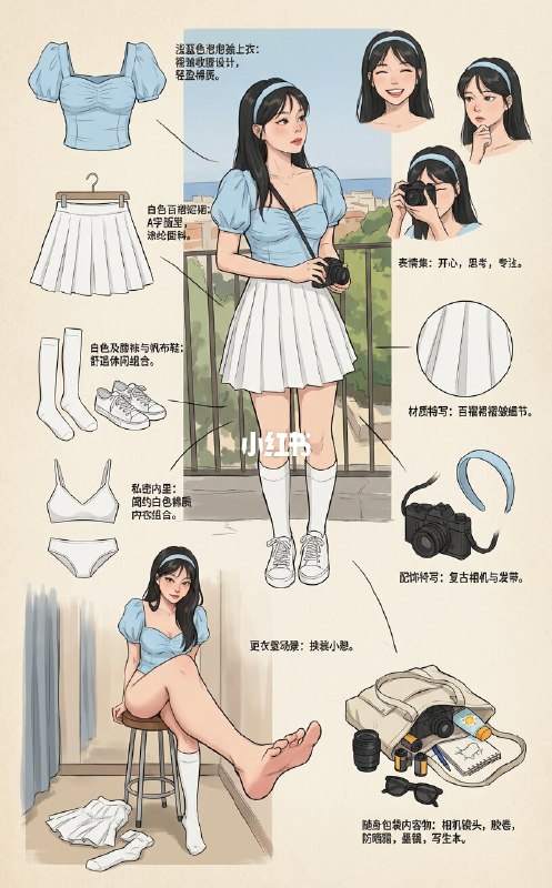 🏕️角色设定拆解图——文静休闲系女孩今天这是「文静休闲系美女」设定拆解 ——1️⃣ 淡蓝泡泡袖 + 百褶裙+换衣间里光脚跷腿的松弛坐姿2️⃣ 牛仔裙 + 针织开衫+海边温柔姐姐的氛围3️⃣粗花呢小香套装+精致大小姐的优雅文静休闲的设定里藏着比海浪还疯的心事