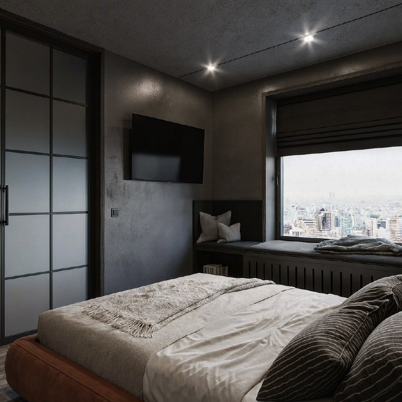 Спальня 14 квадратов - бетонный потолок и серый интерьер, где серый работает фоном, бетон честно остаётся бетоном, яркая кровать собирает всю комна... - изображение 6 - серый, спальня, квадратов
