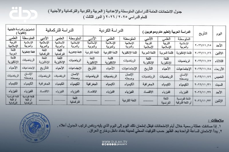 التربية تعلن جداول امتحانات الدور الثالث للمراحل الدراسية كافة للعام 2025–2026