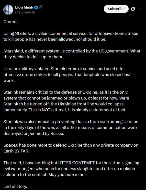 אלון מאסק על אוקראינה: שימוש ב-Starlink, שירות מסחרי אזרחי, עבור שביתות מל"טים פוגעניות להרוג אנשים מעולם ל…