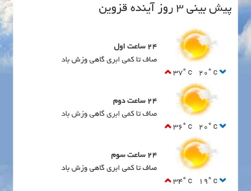 اخبار قزوین: ♦️پیشبینی وضع آب و هوای سه روز آینده مرکز استان🔹۲۴ ساعت اول (۱۴۰۵/۰۶/۰۵)🔹۲۴ ساعت دوم (۱۴۰۵/۰۶/۰۶)🔹۲۴ ساعت سوم (۱۴۰۵/۰۶