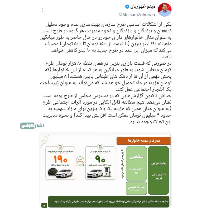 افق کردستان🇮🇷: ✅ هشدار نماینده مجلس درباره طرح بنزینی: طرح جدید بنزین می‌تواند زیرساخت یک انفجار اجتماعی باشد/ سهمیه بنزین خانوارها از 