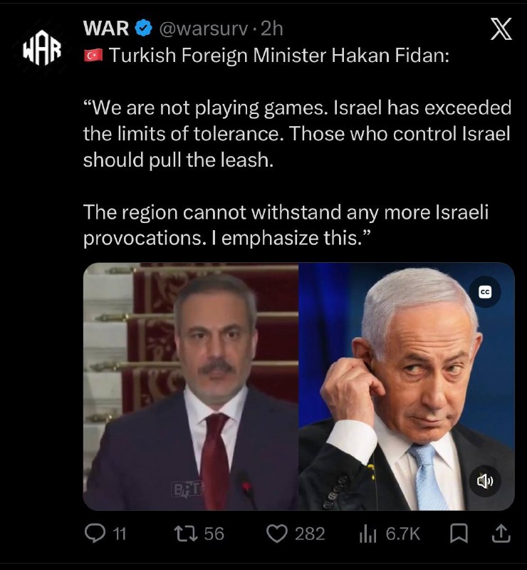 ناب جهادی | جنگ و مذاکرات: 🔻 هاکان فیدان وزیر اموز خارجه ترکیه : 🔻 ما با کسی شوخی نداریم. اسراییل به حد غایی صبر ما رسیده . آنهایی که اسراییل را کن