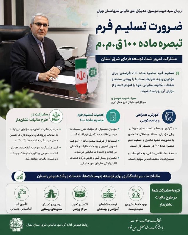 پایگاه خبری صبح پردیس: 🔺مدیرکل امور مالیاتی شرق استان تهران تأکید کرد: تسلیم فرم تبصره ماده ۱۰۰؛ کلید شفافیت مالیاتی/ نقش مؤدیان در توسعه زیرسا