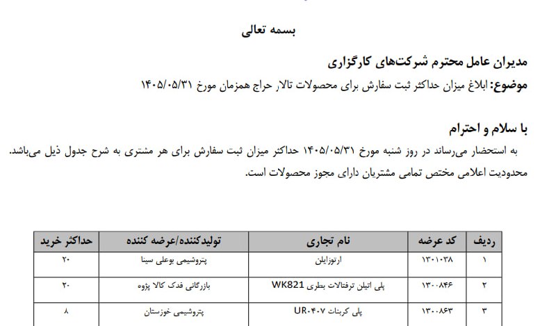 رسانه انجمن ملی صنایع پلیمر ایران | اینپیا: 🔴 ابلاغ میزان حداکثر ثبت سفارش برای محصولات تالار حراج همزمان مورخ 1405.05.31📢 اینپیا؛ رسانه اقتصادی صنعت پلاستیک@inpia_