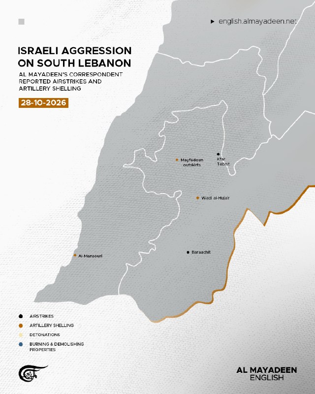 ב-28 באוקטובר, תקיפות אוויריות ישראליות כוונו לכפר תבנית, ואדי אל-חוג'יר ובראחית, בזמן שהפגזות ארטילריות תק…
