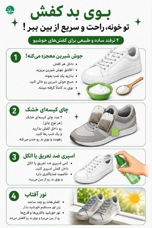 اﻧﻌﻜﺎﺱ ﺑﻨﺎﺏ: 📸 با چند ترفند ساده، بوی بد کفش‌هاتو سریع از بین ببر!🆔 @enekasebonab