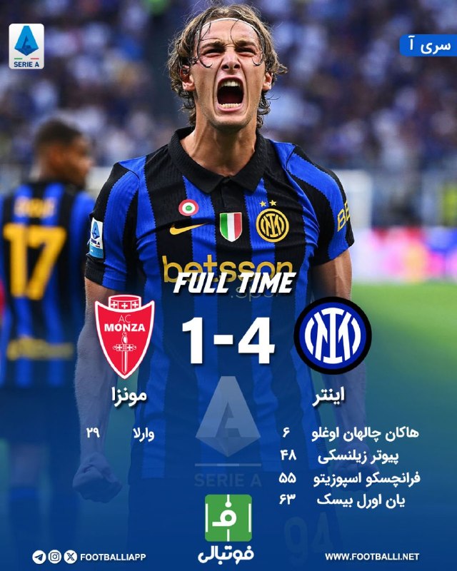 فوتبالی | Footballi.net: 🌬پایان بازی 💙 اینتر 🔢 - 🔢 مونزا ❤️چه شروعی برای نراتزوری 👀⚪️🔺اینتر، مونزا را گلباران کرد 🇮🇹هفته اول #سریآ_ایتالیا http