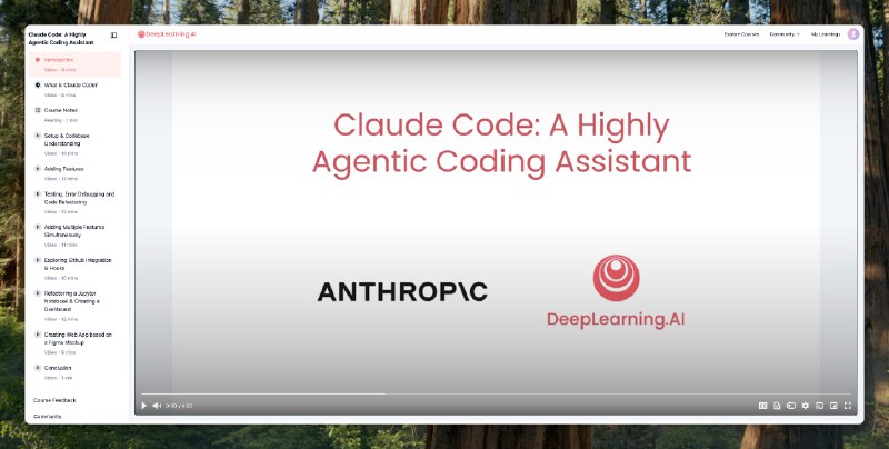 Anthropic 和吴恩达公司一起出的 Claude Code 教程#ai创造营#可以搭配前几天的 Claude Code 最佳实践一起食用，详细的内容有：协调多个 Claude 子 Agent 同时处理代码库的不同部分在 GitHub 问题中标记 Claude，并让它自主创建、审查和合并拉取请求将杂乱的 Jupyter 笔记本转变为干净、可用于生产的仪表板使用 Playwright 等 MCP 工具，这样 Claude 就能发现你的 UI 出了什么问题，并自主修复它课程地址：learn.deeplearning.ai/courses/claude-code-a-highly-agentic-coding-assistant/lesson/66b35/introduction